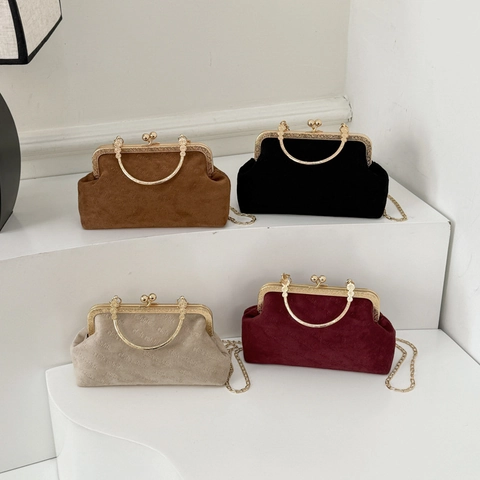 Retro Clasp Schultertasche Vintage Kiss Lock Crossbody Metallgriff Kettenriemen Geprägte Matte Textur Elegante Abendhandtasche