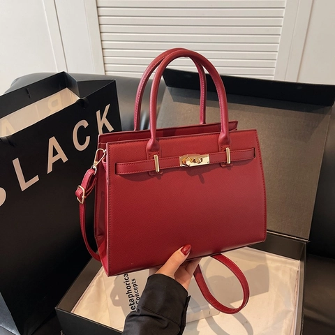 Women Crossbody Bag PU Leather Structured Trapezoid Turn Lock Top Handle Commuter Minimalist Elegant Handbag