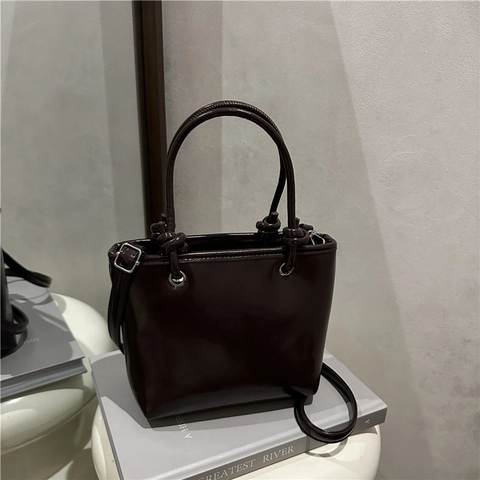 Damen Eimer Umhängetasche Aus PU-Leder Geknoteter Griff Verstellbarer Riemen Minimalistisch Trendig Vielseitig Handtasche