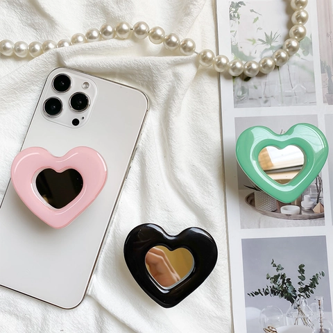 Heart Shaped Phone Grip Holder With Makeup Mirror Retractable Adhesive Griptok Korean Ins Style Universal Stand