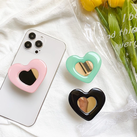 Heart Shaped Phone Grip Holder With Makeup Mirror Retractable Adhesive Griptok Korean Ins Style Universal Stand