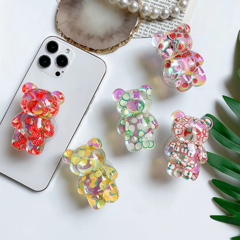 Supporto Per Telefono Grip Tok Orso Carino In Resina Trasparente Con Fette Di Frutta Laser Supporto Mobile Adesivo Pieghevole