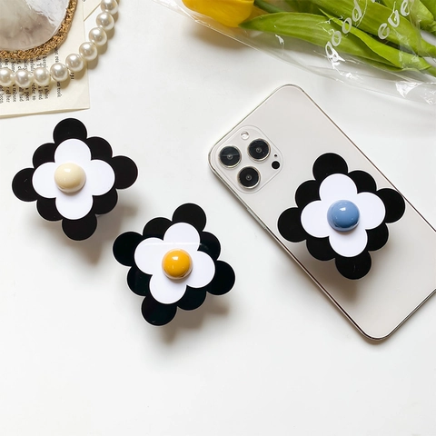 Soporte Teléfono Flor Agarre Expandible Adhesivo Retráctil Floral Pétalos Capas Negro Blanco Móviles