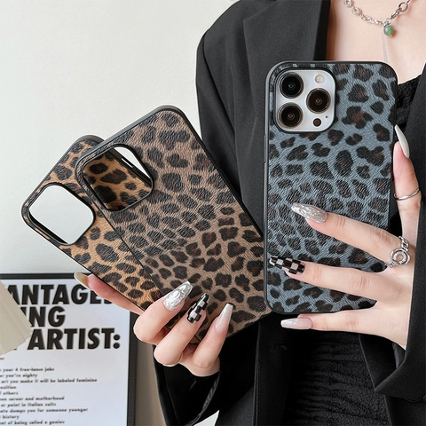 Leopard Print Phone Case TPU Faux Leather Texture Shockproof Full Protective Cover Fashion Luxury Style Design