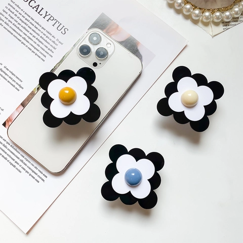 Soporte Teléfono Flor Agarre Expandible Adhesivo Retráctil Floral Pétalos Capas Negro Blanco Móviles