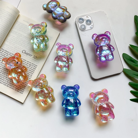 Supporto Per Telefono Orso 3D Resina Iridescente Foglia D'argento Glitter Retrattile Pieghevole Adesivo Universale