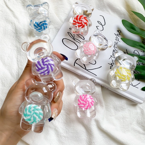 Süße Transparente Bär Handyhalterung Griptok Acrylharz Spirale Lutscher Design Faltbar Einziehbar Schreibtischständer