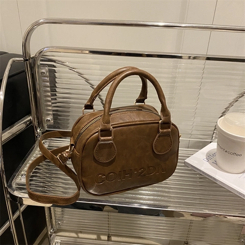 Women Retro Shoulder Crossbody Bag PU Leather Mini Boston Handbag Embossed Letter Top Handle Zipper Minimalist Style