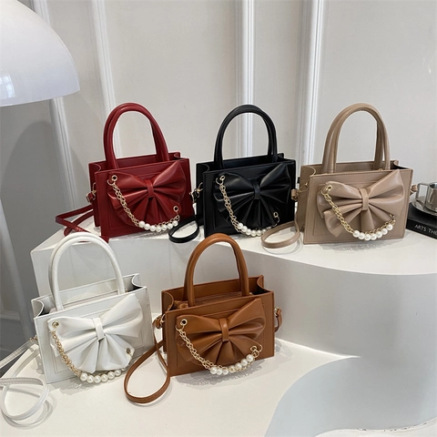 Sweet PU Leather Handbag Large Bow Artificial Pearl Metal Chain Shoulder Crossbody Bag For Women Fashionable Elegant Casual