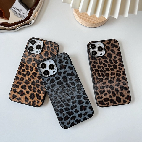 Leopard Print Phone Case TPU Faux Leather Texture Shockproof Full Protective Cover Fashion Luxury Style Design