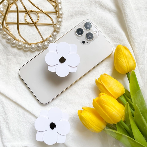 Blumenform Handyhalterung Ausziehbarer Sockel Weißes Blütenblatt Schwarzes Herz Kunststoff Desktop Ständer Minimalistisch