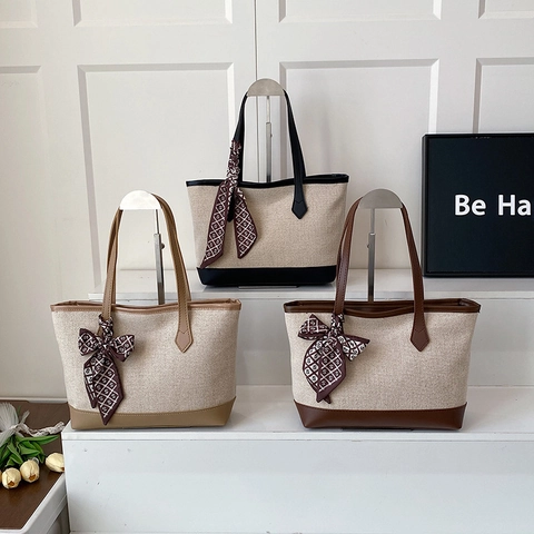 Borsa Tote Grande Capacità Tela Pelle PU Sciarpa Decorativa Borsa Mano Casual Splicing Contrasto Donna