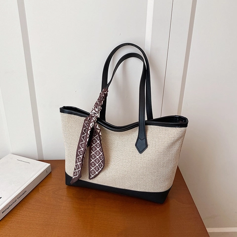 Borsa Tote Grande Capacità Tela Pelle PU Sciarpa Decorativa Borsa Mano Casual Splicing Contrasto Donna