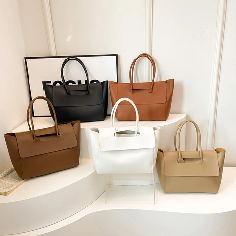 Large Capacity PU Leather Tote Bag Minimalist Flap Cover Handbag For Women Commuting Work Office Shoulder Bag