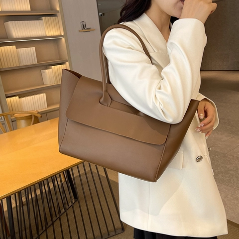 Large Capacity PU Leather Tote Bag Minimalist Flap Cover Handbag For Women Commuting Work Office Shoulder Bag