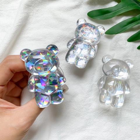 Support De Poignée De Téléphone Ours Mignon Holographique Laser Paillettes Extensible Support De Bureau Style Ins Coréen