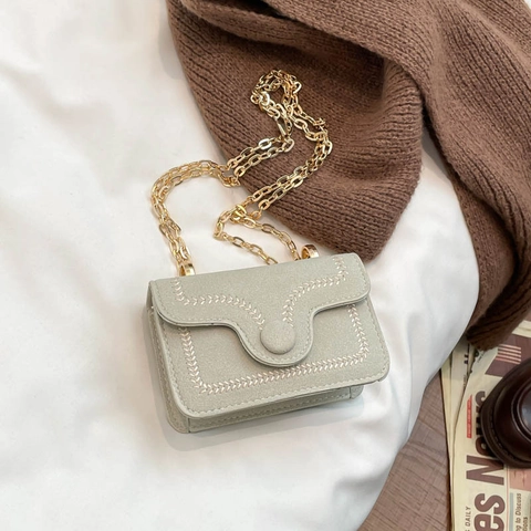 Women Mini Square Bag Retro Matte PU Suede Contrast Stitching Gold Chain Strap Shoulder Crossbody Flap Button Handbag