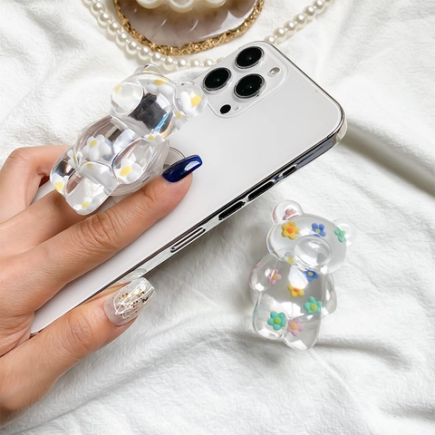 Kawaii Transparent Resin Bear Phone Grip Stand With Daisy Flowers Korean Ins Minimalist Portable Griptok