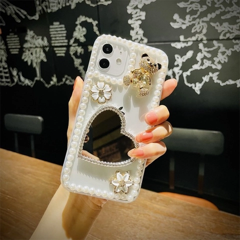 Luxury 3D Rhinestone Bear Phone Case With Heart Makeup Mirror Artificial Pearl Border Flower Decor Cute Handcrafted Cover