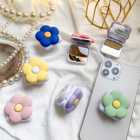Flower Shape Phone Airbag Stand With Flip Makeup Mirror Retractable Adhesive Matte Plastic Mobile Desktop Support
