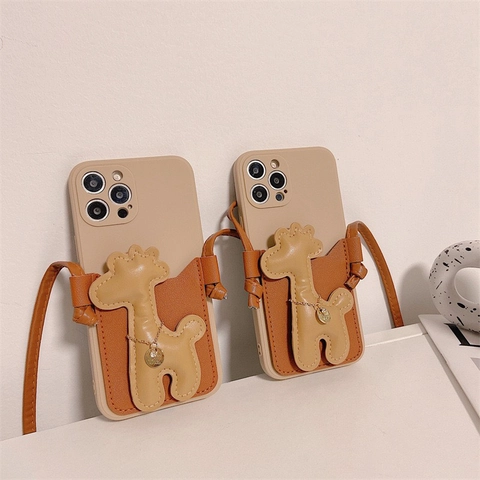 Funda Cruzada Para Teléfono Con Tarjetero Para Serie IPhone Jirafa De Dibujos Animados 3D Cuero TPU Correa Ajustable