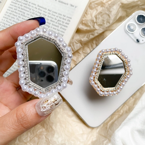 Supporto Per Telefono Airbag Pieghevole Specchio Da Trucco Perla Artificial Strass Retrattile Supporto Mobile Impugnatura Per Donna