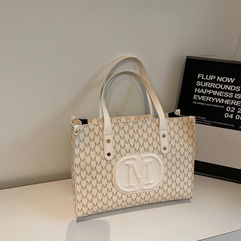 Sac Fourre-Tout Vintage Imprimé Lettre M Monogramme Grande Capacité Sac À Main Bandoulière En Cuir PU Femmes