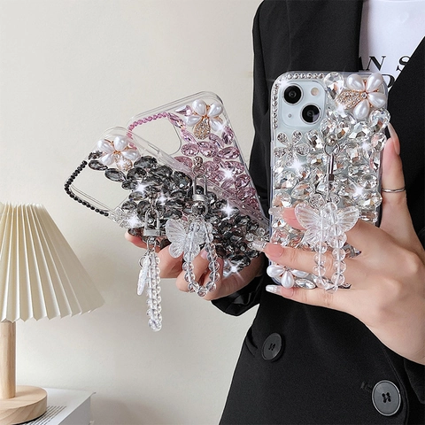 Custodia Per Telefono Di Lusso Con Strass E Fiori Di Künstliche Perle Artificiali Ciondolo A Farfalla Cordino Di Perline