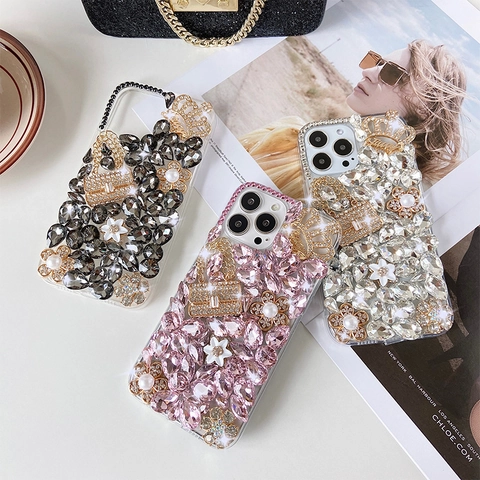 Custodia Per Telefono Di Lusso Con Strass Perla Artificial Corona E Ciondolo Mini Borsa Fatta A Mano Per Donna