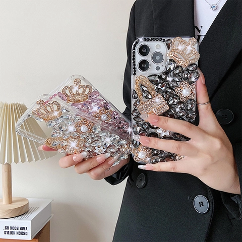 Custodia Per Telefono Di Lusso Con Strass Perla Artificial Corona E Ciondolo Mini Borsa Fatta A Mano Per Donna