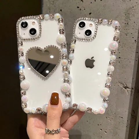 Luxury Acrylic Heart Mirror Smartphone Case Handmade Rhinestone Faux Artificial Pearl Transparent Sparkling Protection Cover