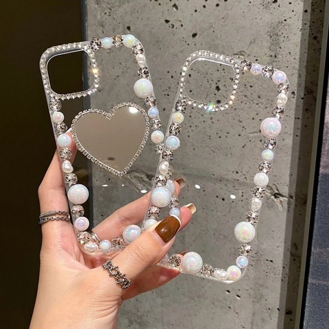 Luxury Acrylic Heart Mirror Smartphone Case Handmade Rhinestone Faux Artificial Pearl Transparent Sparkling Protection Cover