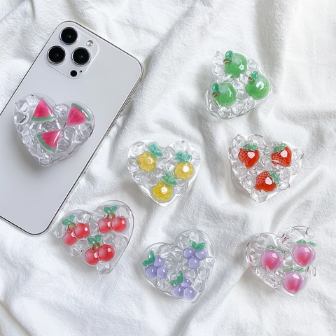 Heart Shape Phone Griptok Transparent Ice Cube 3D Fruit Resin Folding Expanding Stand Bracket For Smartphones