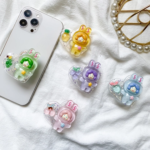 Supporto Per Telefono Cuore Presa Estensibile Resina Trasparente Glitter Kawaii Ragazza Coniglio Decorazione Frutta Scrivania