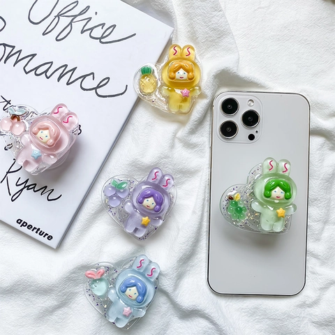 Supporto Per Telefono Cuore Presa Estensibile Resina Trasparente Glitter Kawaii Ragazza Coniglio Decorazione Frutta Scrivania