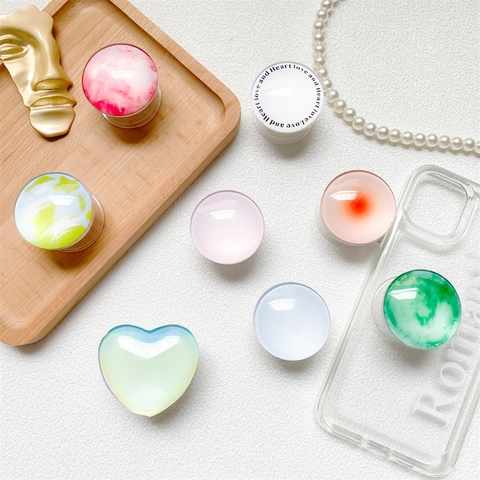 Crystal Glass Phone Griptok Expanding Stand Laser Starry Sky Marble Pattern Heart Round Shape Desktop Holder