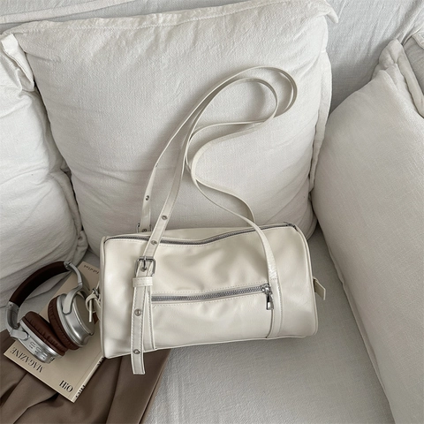 Women Urban Minimalist Cylinder Shoulder Bag Large Capacity Vintage PU Leather Underarm Pillow Bag For Daily 通勤 Outfits