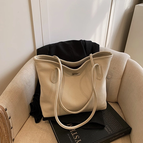 Sac Fourre-Tout Femme Grande Capacité Cuir PU Grain Litchi Bandoulières Confortables Sac Main Décontracté Style Coréen Vintage