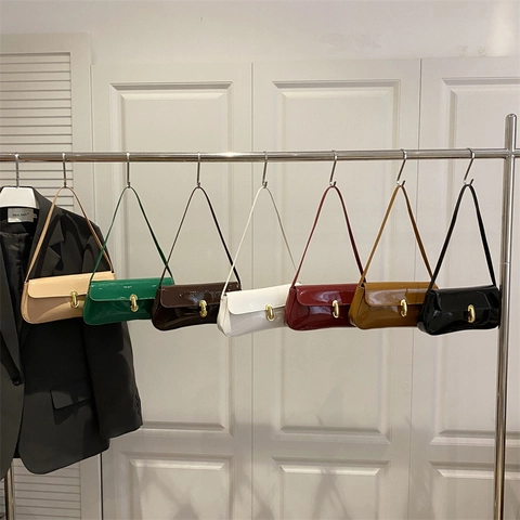 French Retro Women Patent PU Leather Underarm Shoulder Bag Trendy Baguette Small Square Purse With Gold Lock
