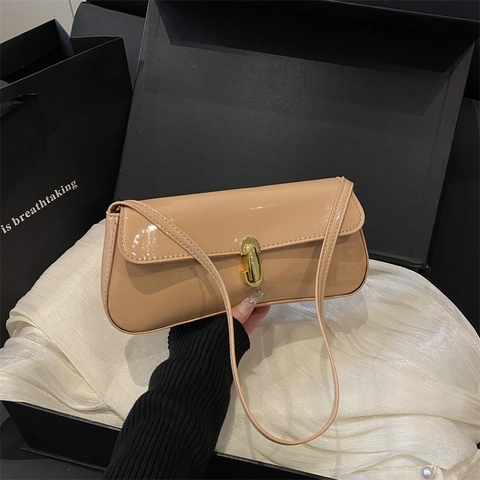 French Retro Women Patent PU Leather Underarm Shoulder Bag Trendy Baguette Small Square Purse With Gold Lock