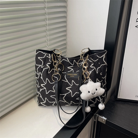 Borsa Tote Da Donna Ricamata Con Stelle Grande Capacità Tessuto Strutturato Borsa A Spalla Con Catena E Ciondolo Peluche