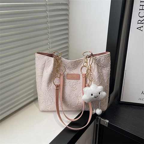 Borsa Tote Da Donna Ricamata Con Stelle Grande Capacità Tessuto Strutturato Borsa A Spalla Con Catena E Ciondolo Peluche