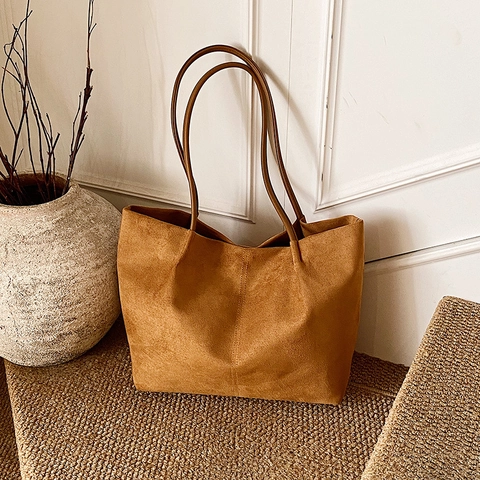 Borsa Tote Vintage In Pelle PU Texture Scamosciata Grande Capacità Borsa A Spalla Minimalista Per Donna Retro Casual
