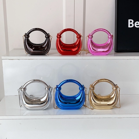 Bolso De Noche De Acrílico Brillante Metálico Forma De Medialuna Asa Circular Cadena Bolso De Mano Para Mujer Elegante