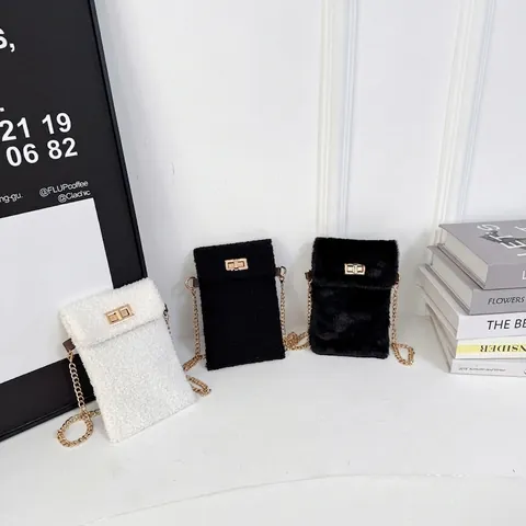 Borsa A Tracolla In Peluche Da Donna Borsa Per Cellulare Con Catena E Chiusura In Metallo Inverno