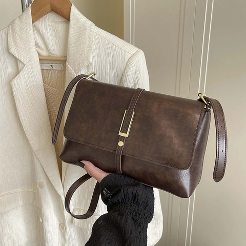 Vintage Schultertasche Aus PU Leder Für Damen Retro Umhängetasche Mit Goldener Metallschnalle Vielseitig Elegant