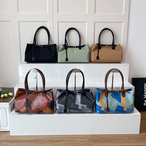 Große PU Leder Tote Bag Vintage Patchwork Color Block Schultertasche Für Damen Täglicher Pendler Vielseitig