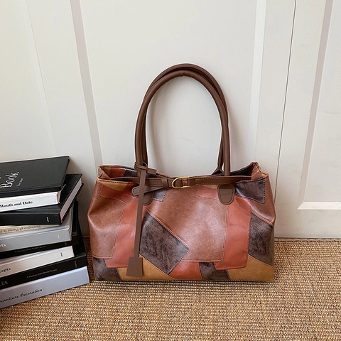 Große PU Leder Tote Bag Vintage Patchwork Color Block Schultertasche Für Damen Täglicher Pendler Vielseitig