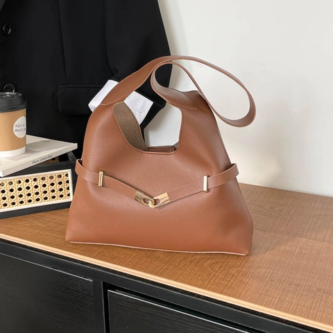 Bolso de Hombro de Cuero PU Minimalista para Mujer Bolso Hobo Retro de Gran Capacidad con Costuras y Hebilla Dorada