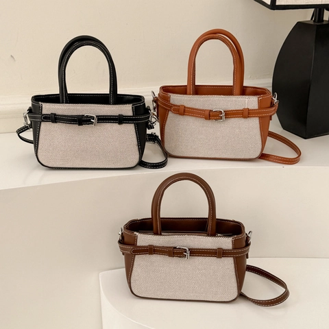 Sac à Épaule en PU Rétro Cousu Tendance pour Femmes Navette Messenger Bucket Bag Avec Boucle de Ceinture Décorative Sac à Main